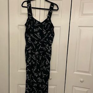 Ann Taylor Factory Linen Printed Square Neck Wide Leg Jumpsuit Navy Blue/White